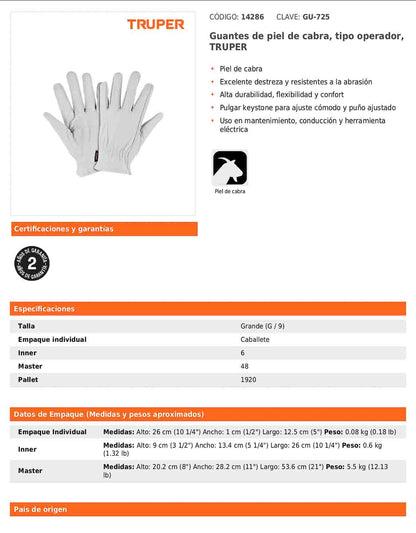 Guantes de piel de cabra tipo operador (GU-725)