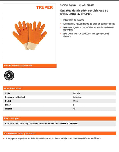 Guantes de algodón recubiertos de látex unitalla
