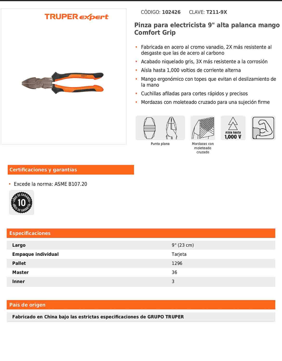 Pinza para electricista 9" alta palanca con mango Comfort Grip