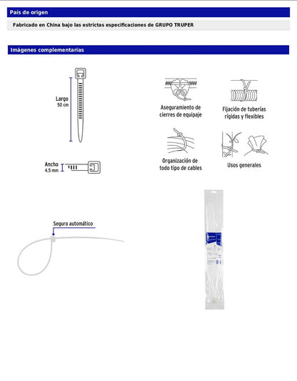 Bolsa con 25 cinchos plásticos de 50 lb de 50 cm de largo y 4.5 mm de ancho en color natural