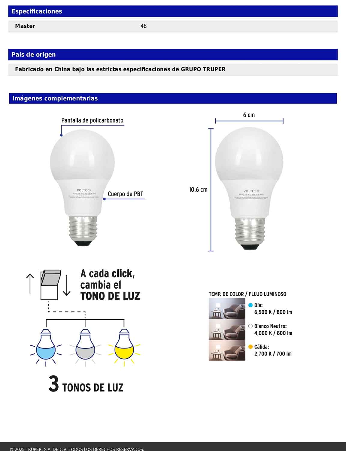 Foco LED 8W A19 con 3 tonos de luz 800 lm