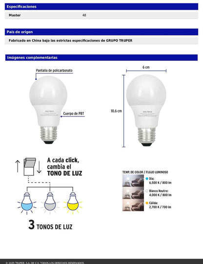Foco LED 8W A19 con 3 tonos de luz 800 lm