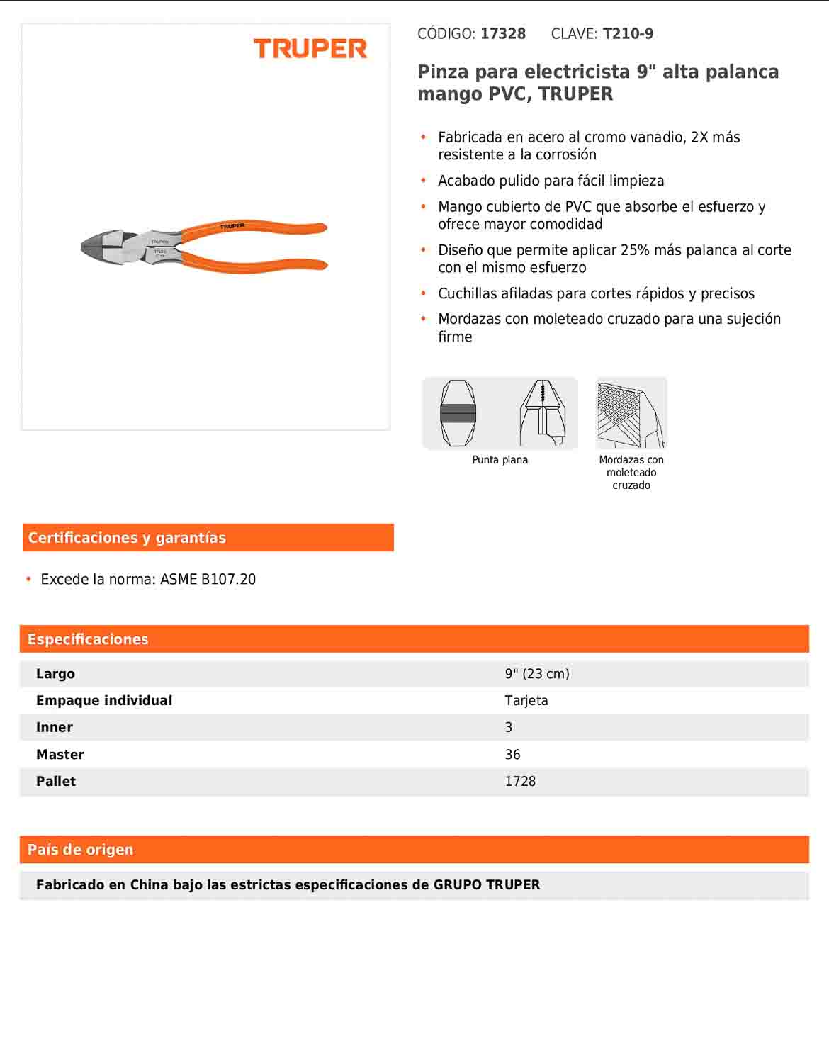 Pinza para electricista 9" alta palanca con mango PVC