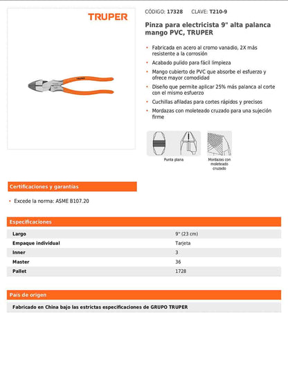 Pinza para electricista 9" alta palanca con mango PVC
