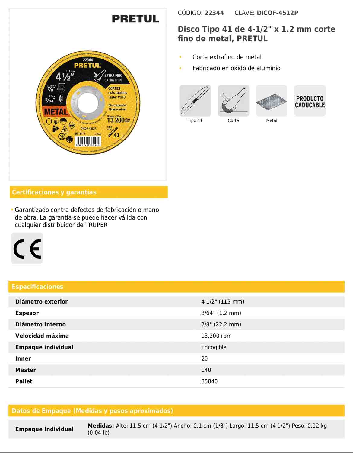 Disco de corte para metal de 4 1/2 pulgadas y 1.2 mm tipo 41 de óxido de aluminio