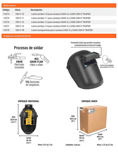 Careta para soldar con lente abatible sombra