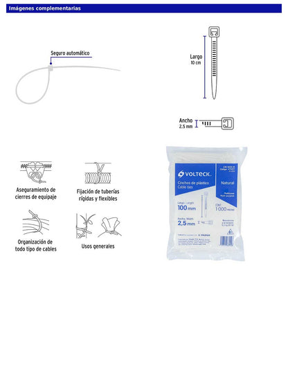 Bolsa con 1000 cinchos plásticos 18 lb de 100 x 2.5 mm natural