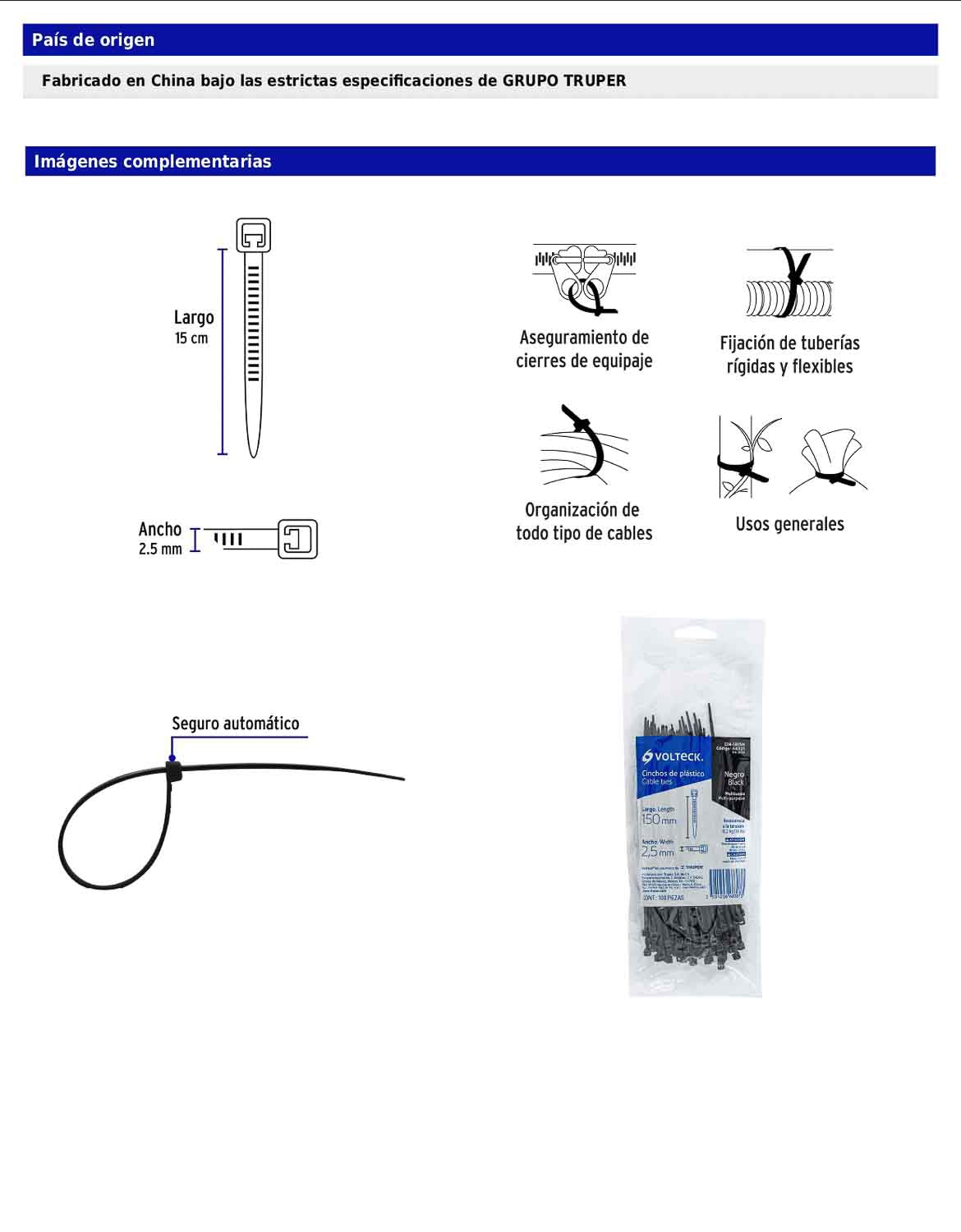 Bolsa con 100 cinchos plásticos 18 lb 150 x 2.5 mm negro