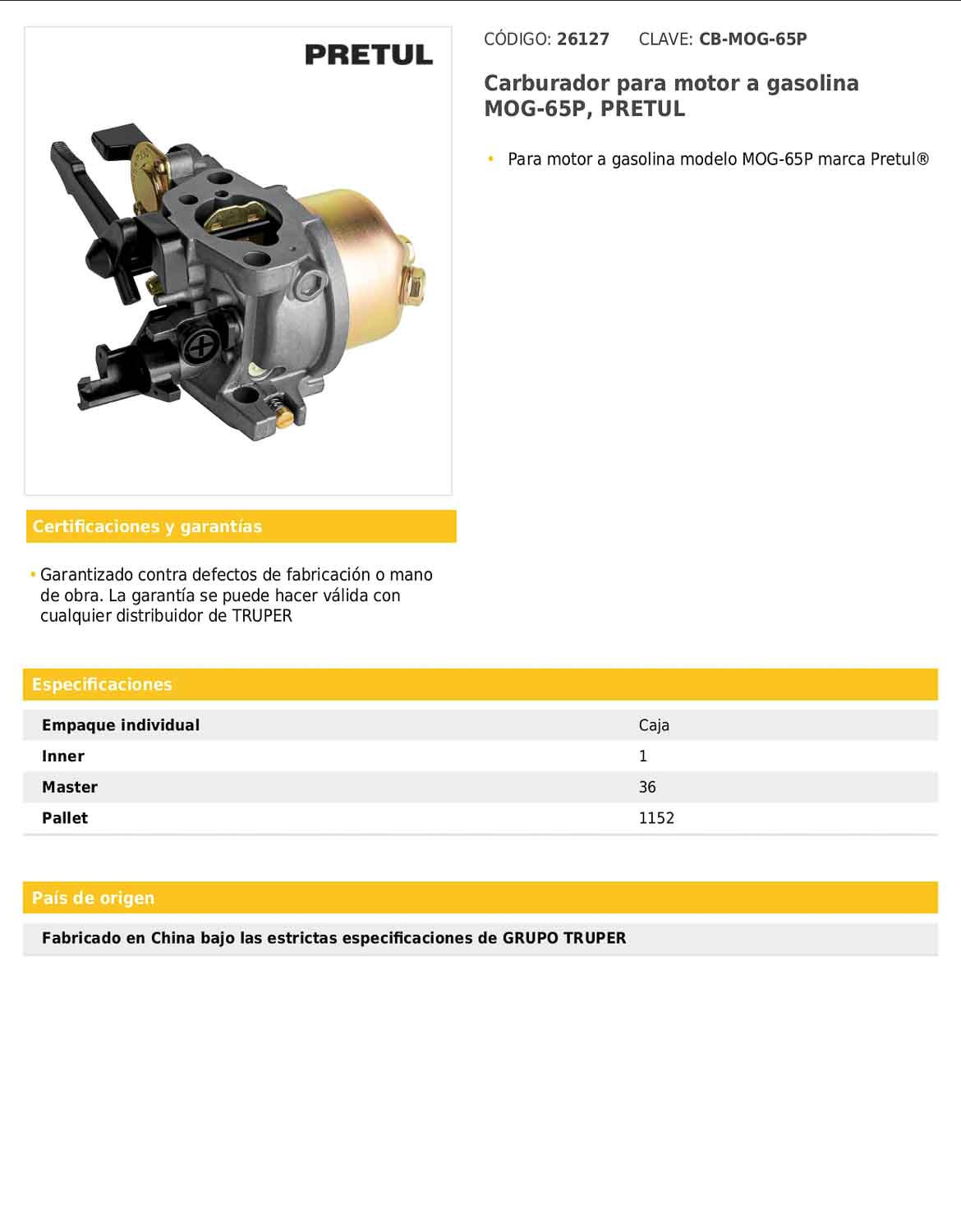 Carburador para motor a gasolina MOG-65P