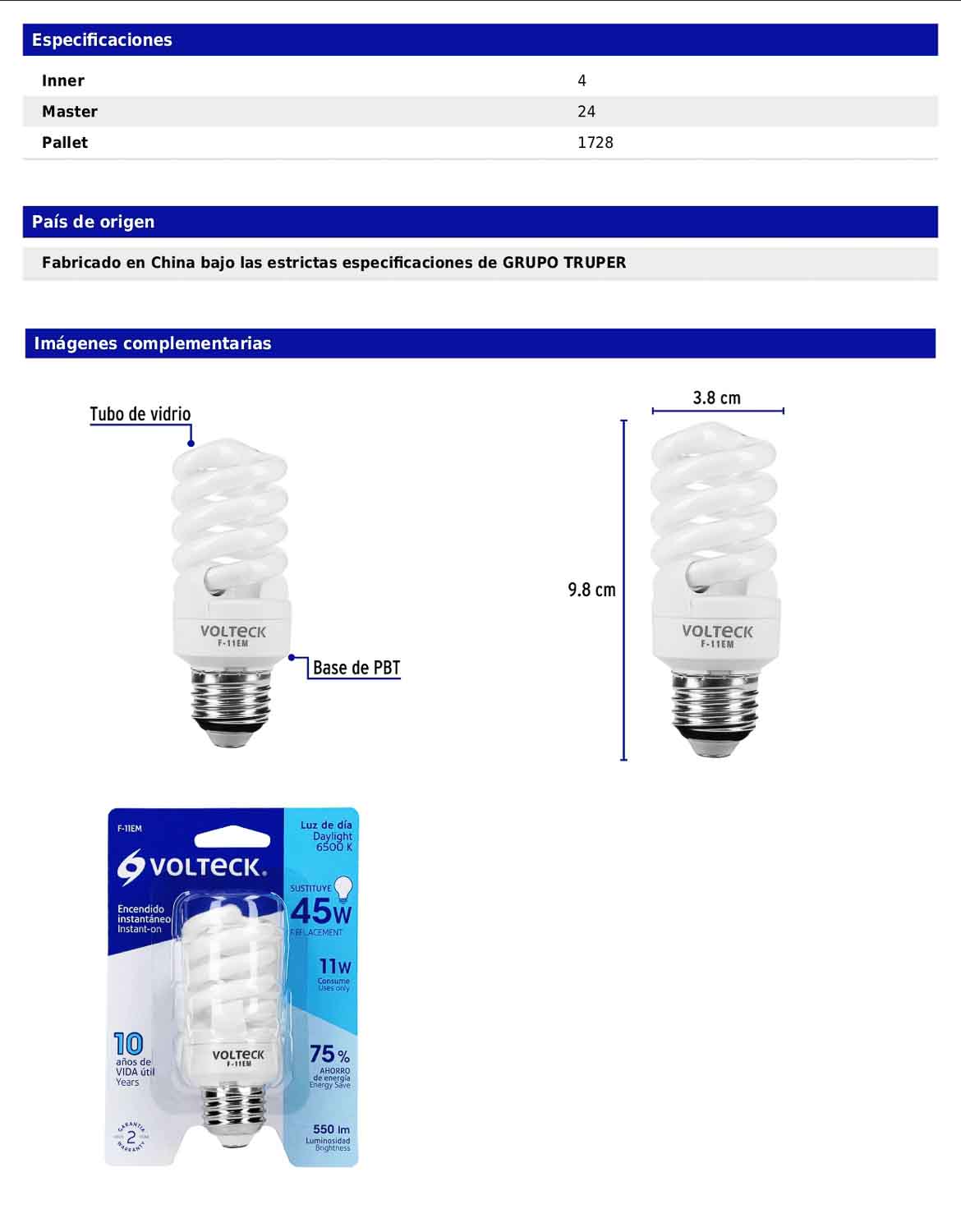 Lámpara espiral mini T2 de 11 W con luz de día