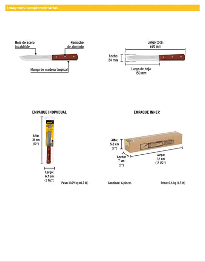 Cuchillo cebollero de 6 pulgadas con mango de madera