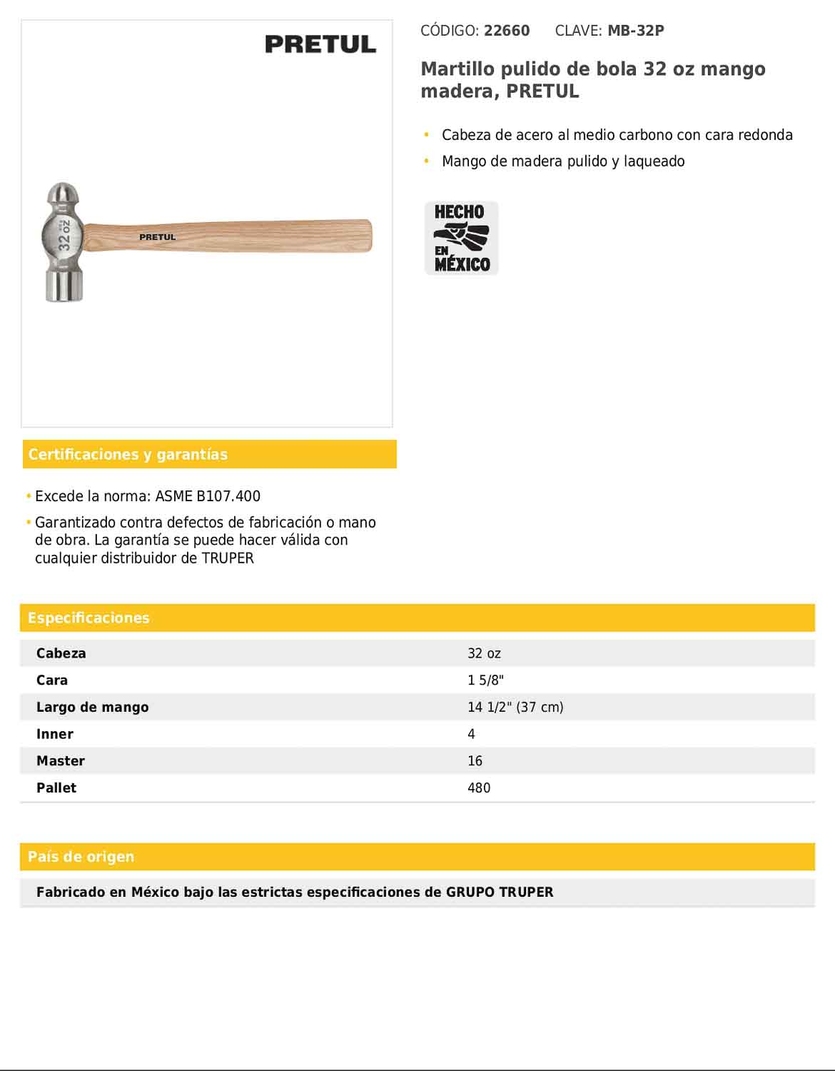 Martillo de bola pulido de 32 oz con mango de madera