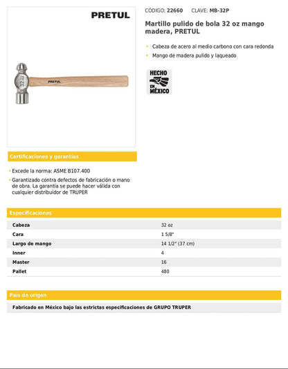 Martillo de bola pulido de 32 oz con mango de madera