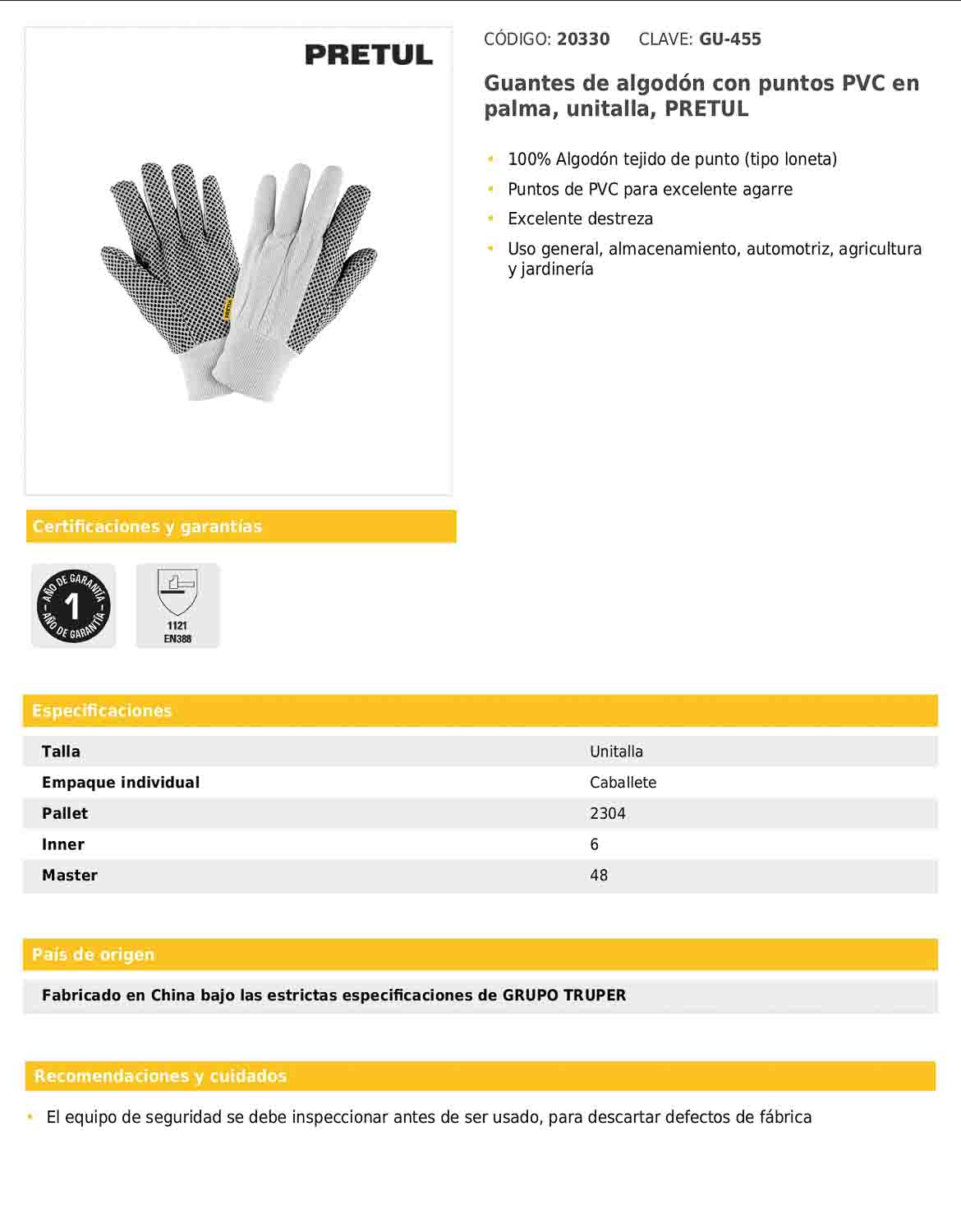 Guantes de algodón con puntos PVC en palma unitalla