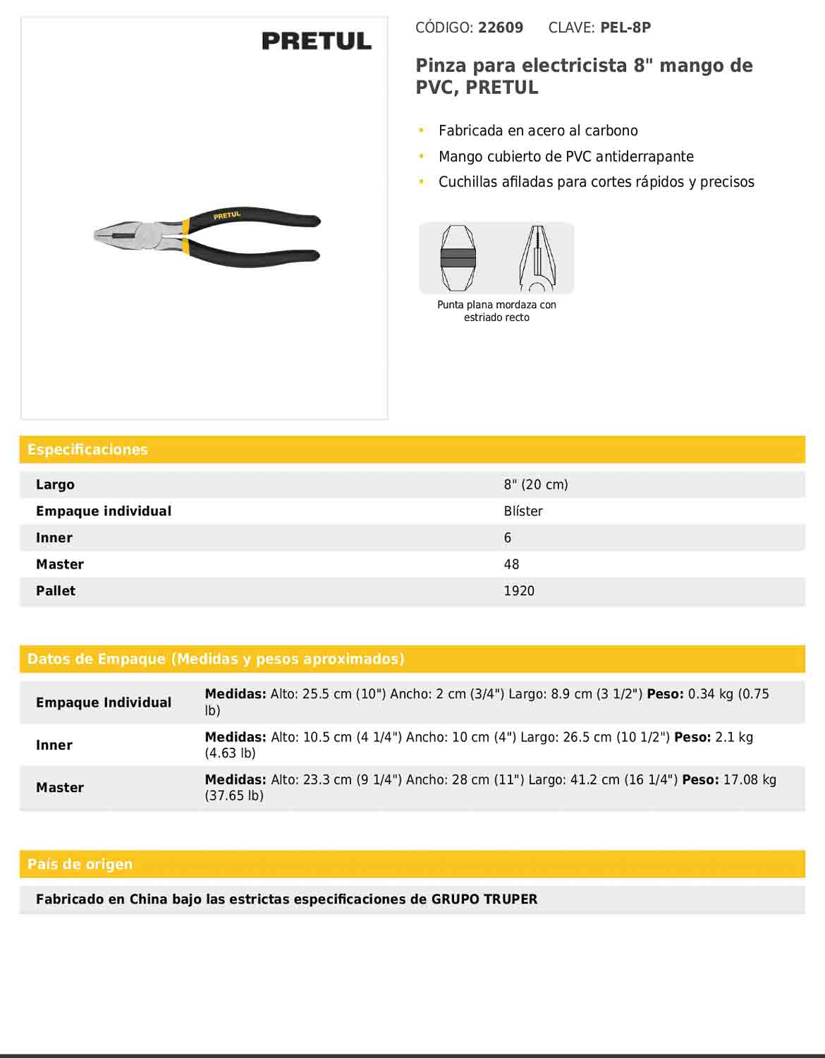 Pinza para electricista de 20 cm con mango de PVC
