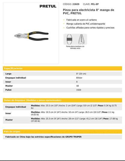 Pinza para electricista de 20 cm con mango de PVC