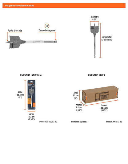 Broca plana de manita 1-1/2" para madera