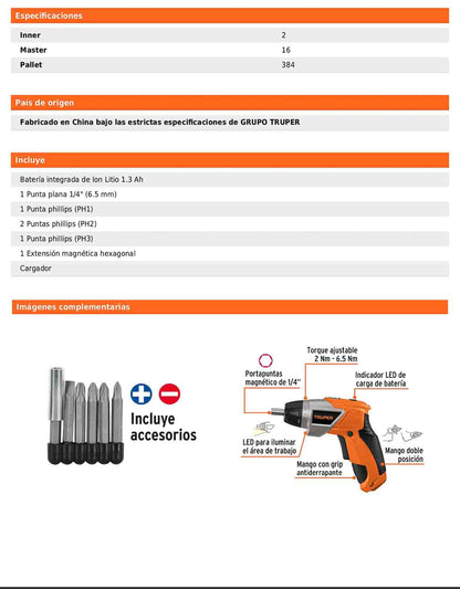 Destornillador inalámbrico de 3.6 V con dos posiciones y torque ajustable