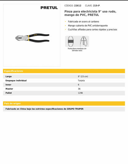Pinza para electricista de 23 cm uso rudo con mango de PVC