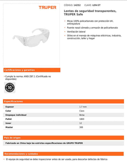 Lentes de seguridad transparentes TRUPER Safe (LEN-ST)