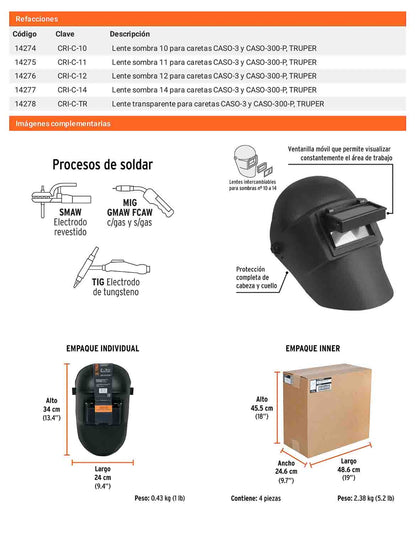 Careta para soldar con lente abatible sombra