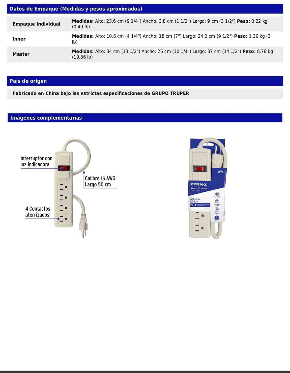 Regleta multicontacto de 6 entradas calibre 16 AWG para uso doméstico