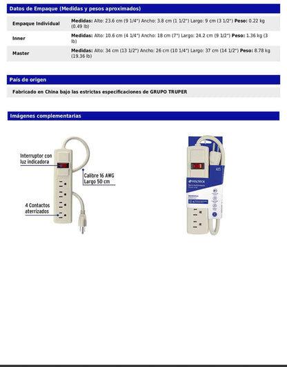 Regleta multicontacto de 6 entradas calibre 16 AWG para uso doméstico