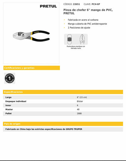 Pinza de chofer de 6 pulgadas con mango de PVC