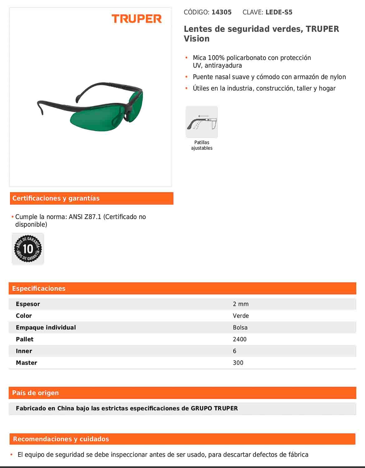 Lentes de seguridad verdes con mica de policarbonato y patillas ajustables
