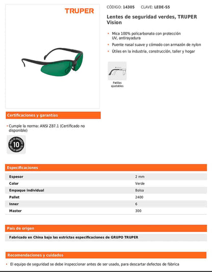 Lentes de seguridad verdes con mica de policarbonato y patillas ajustables