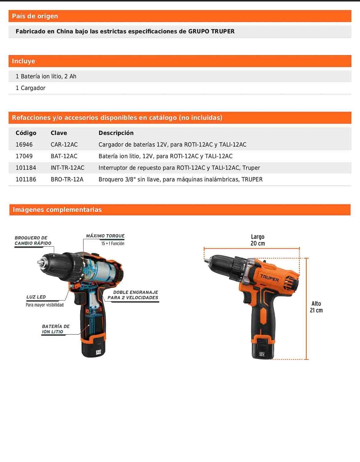 Taladro compacto inalámbrico de 3/8 in con batería 12 V y dos velocidades