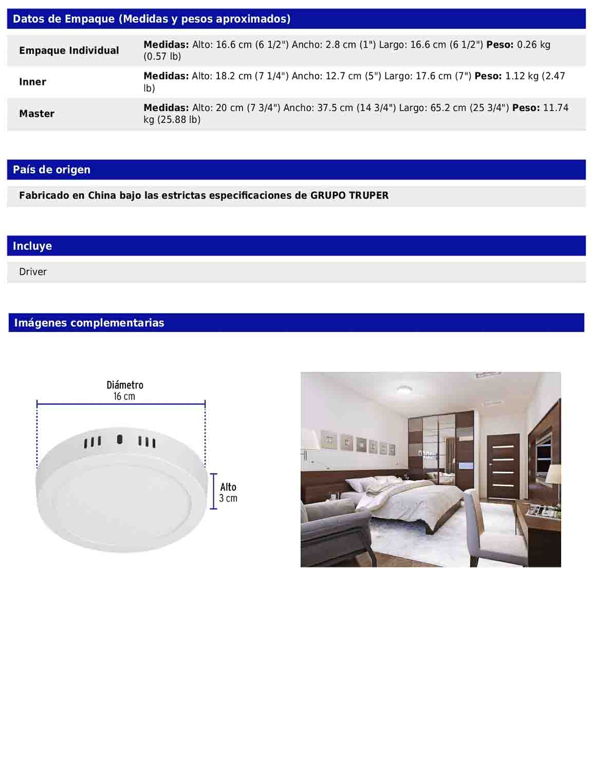 Luminario LED plafón de 12 W con luz de día redondo