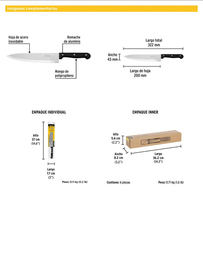 Cuchillo de chef de 8 pulgadas con mango de polipropileno