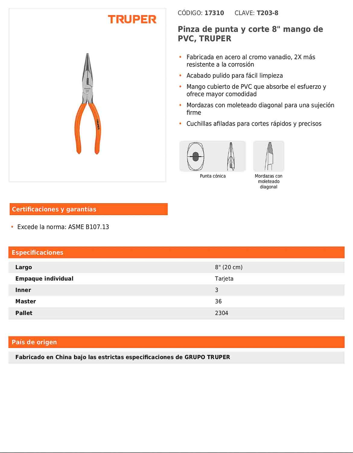 Pinza de punta y corte de 20 cm con mango de PVC