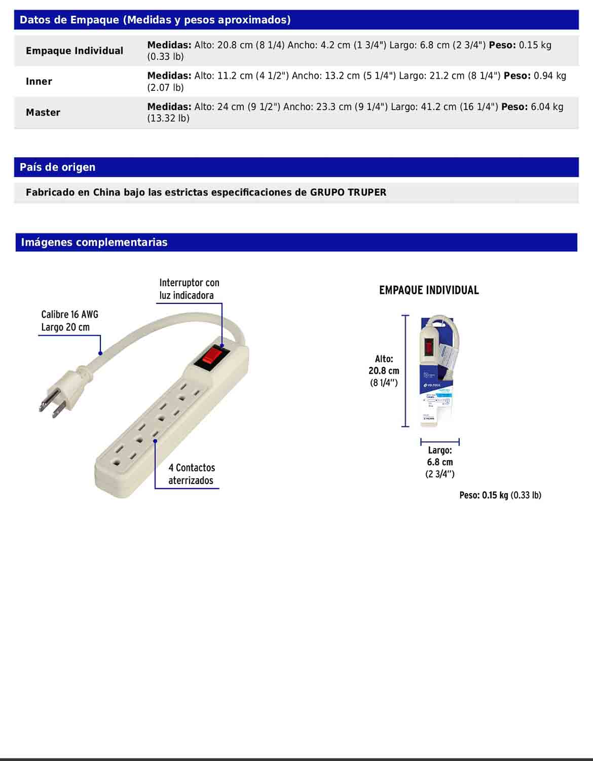 Regleta multicontacto económico de 4 entradas con calibre 16 AWG