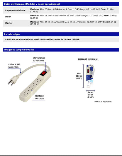 Regleta multicontacto económico de 4 entradas con calibre 16 AWG