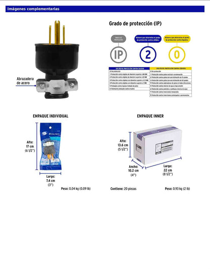 Clavija industrial reforzada aterrizada de 127 V y 15 A con 2 polos + tierra