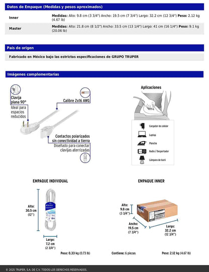 Extensión eléctrica doméstica de 6 m con clavija plana blanca
