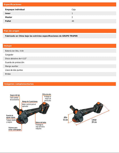 Esmeriladora inalámbrica de 4-1/2 in con batería 20 V