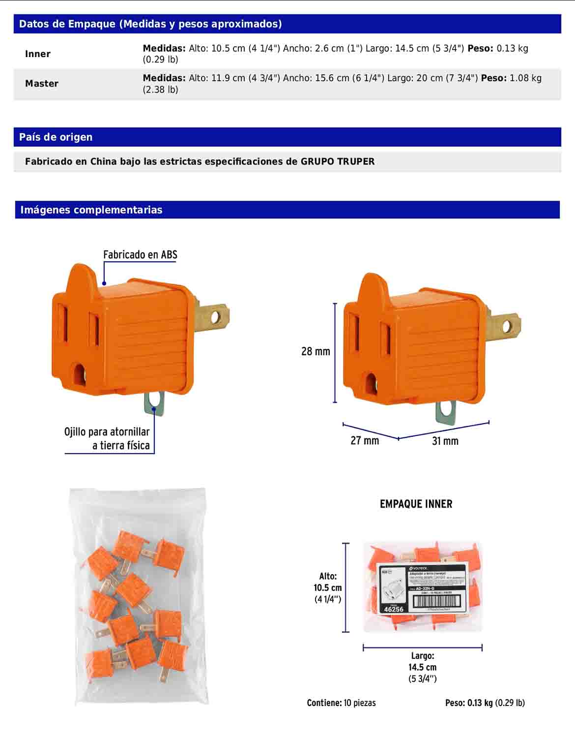 Adaptador de 3 a 2 naranja con ojillo para tierra física