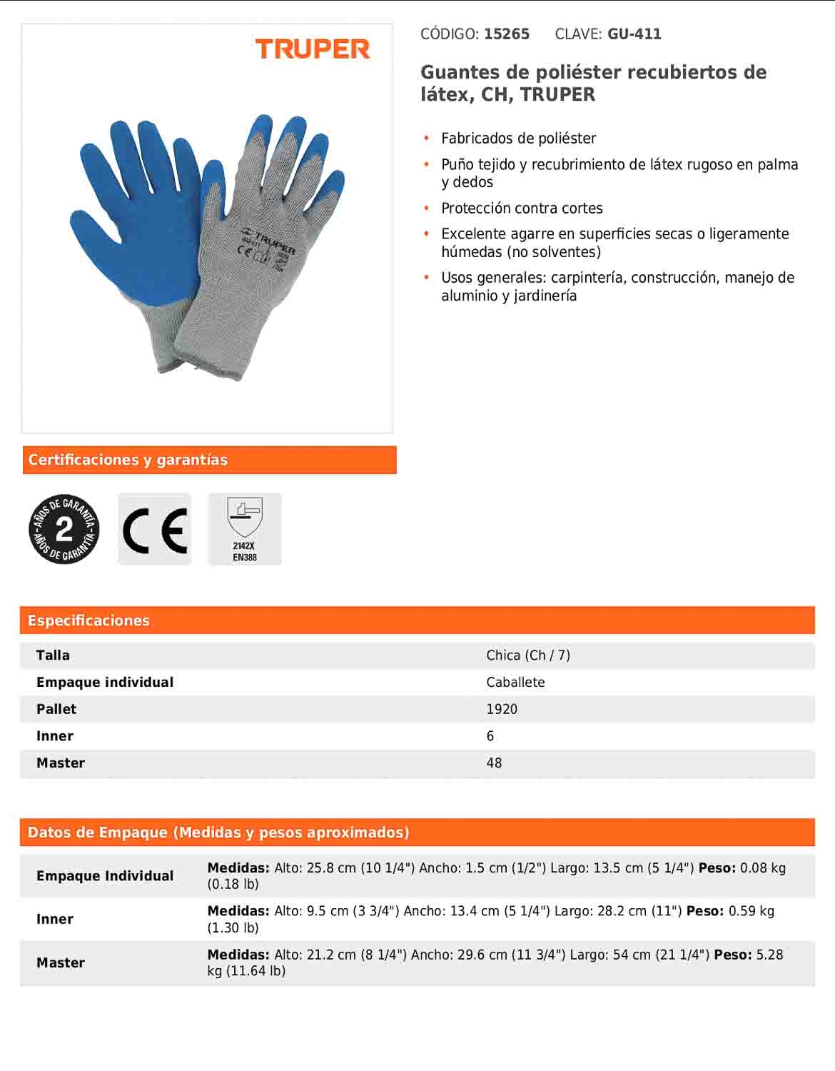 Guantes de poliéster recubiertos de látex chico