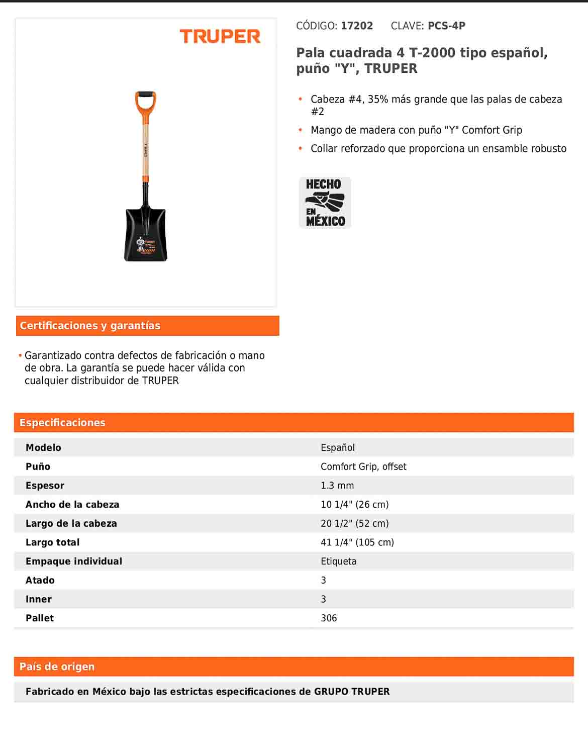Pala cuadrada cabeza 4 T-2000 tipo español con puño Y