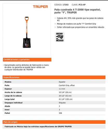 Pala cuadrada cabeza 4 T-2000 tipo español con puño Y