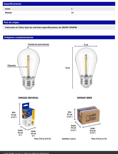 Foco LED de filamento de 1W con luz ámbar
