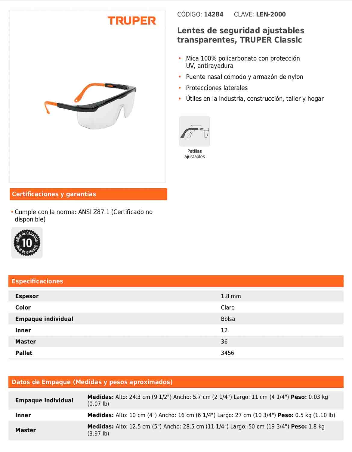 Lentes de seguridad ajustables transparentes TRUPER Classic (LEN-2000)