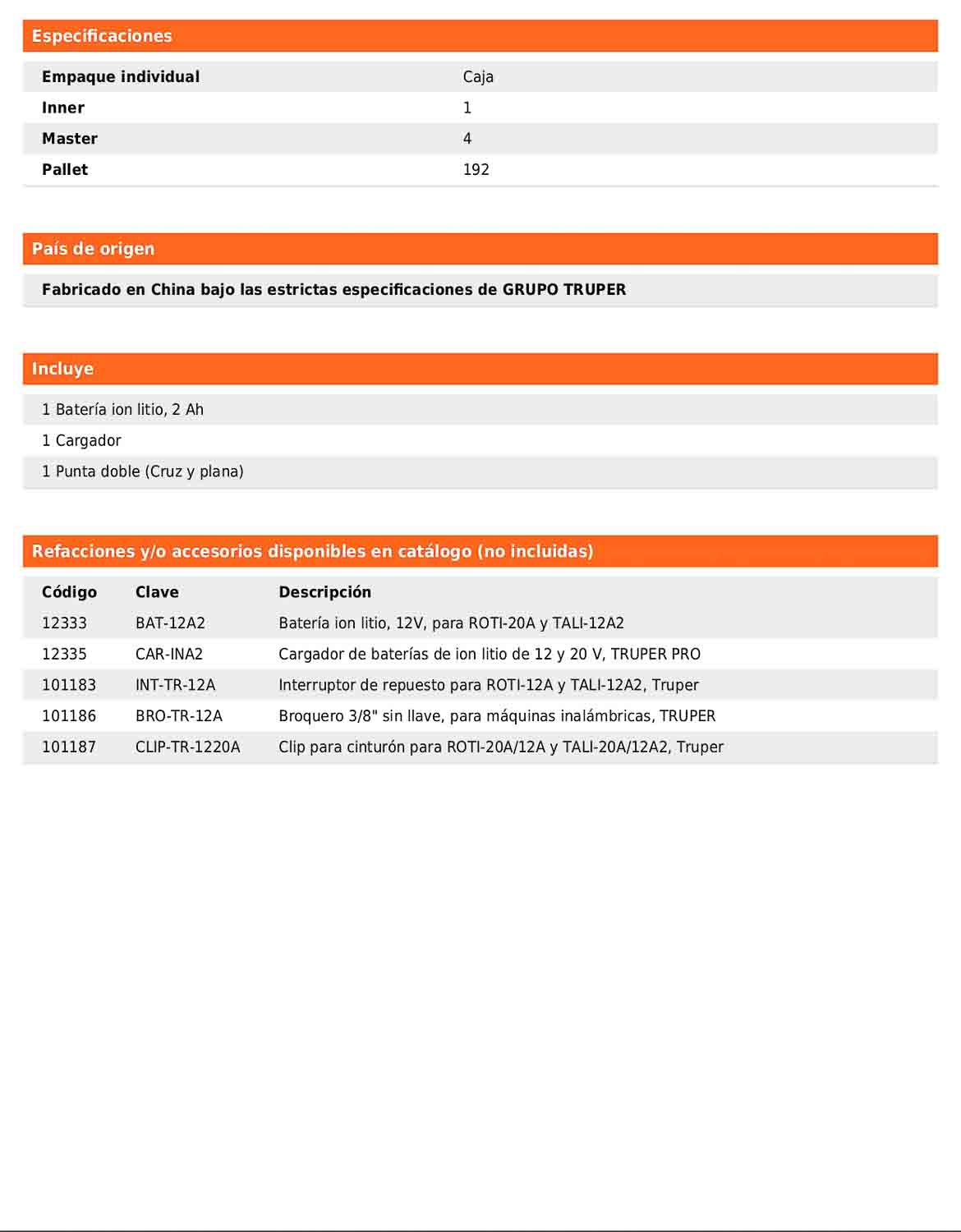 Taladro inalámbrico de 3/8 in con batería 12 V y dos velocidades