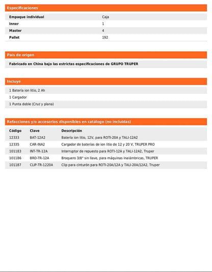 Taladro inalámbrico de 3/8 in con batería 12 V y dos velocidades