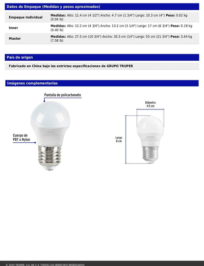 Foco LED 3W G45 6500K blanca fría 270 lm