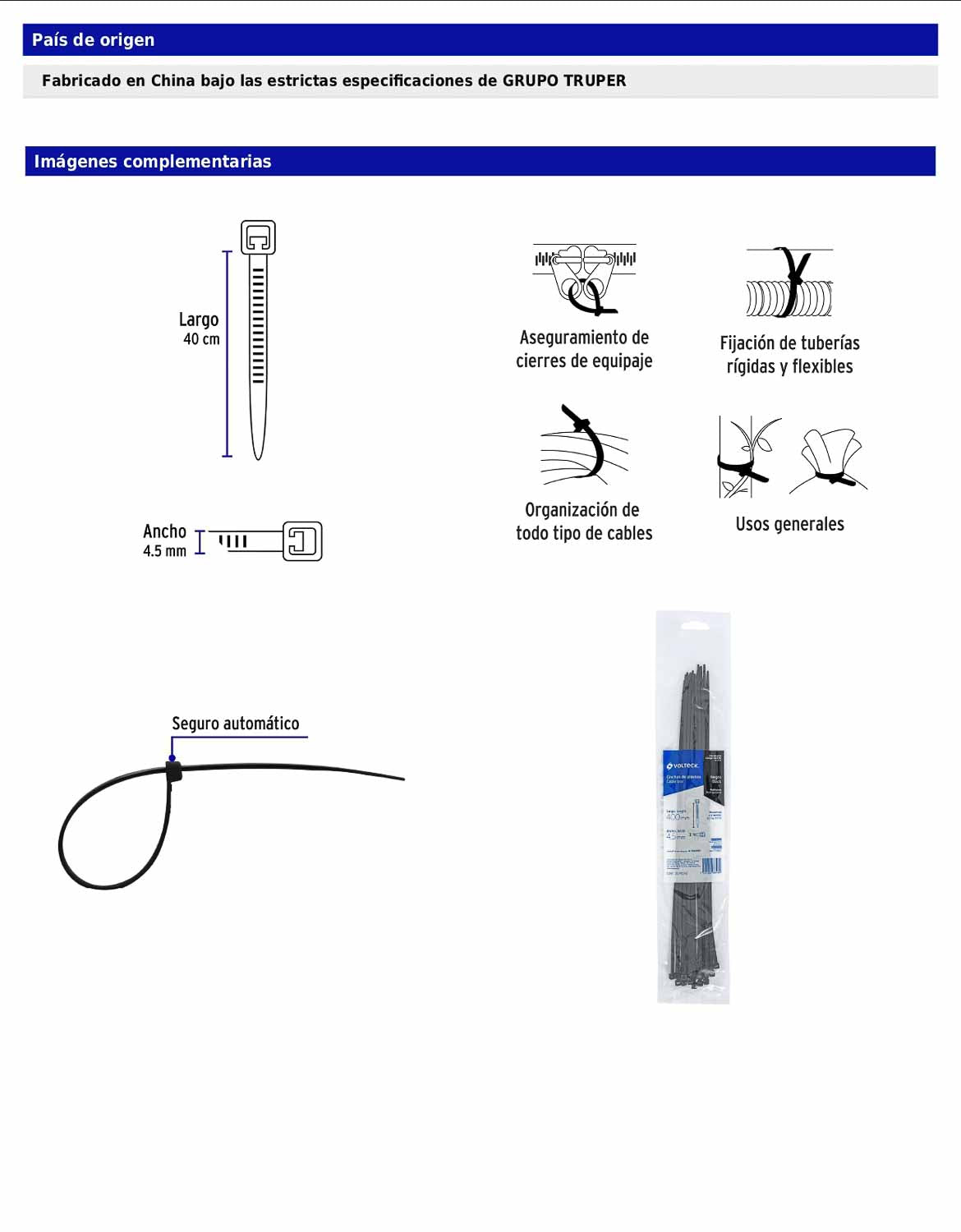 Bolsa con 25 cinchos plásticos de 50 lb de 40 cm de largo y 4.5 mm de ancho en color negro