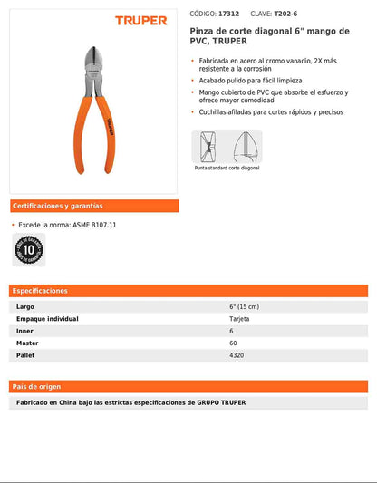Pinza de corte diagonal de 15 cm con mango de PVC